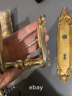 2 Paires Poignées de Porte Béquille métal doré plaque propreté louis XV rocaille