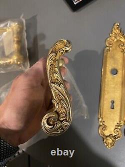 2 Paires Poignées de Porte Béquille métal doré plaque propreté louis XV rocaille