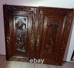 2 ancien panneaux porte bois sculpté décoration personnages romantique FRANCE