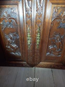 2 ancien panneaux porte bois sculpté décoration personnages romantique FRANCE