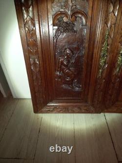 2 ancien panneaux porte bois sculpté décoration personnages romantique FRANCE