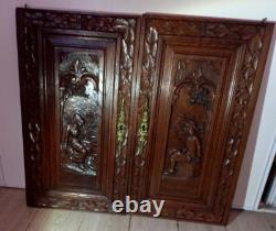 2 ancien panneaux porte bois sculpté décoration personnages romantique FRANCE