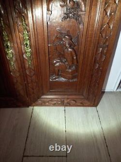 2 ancien panneaux porte bois sculpté décoration personnages romantique FRANCE