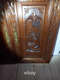 2 ancien panneaux porte bois sculpté décoration personnages romantique FRANCE