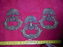 3 anciennes Superbes Poignées Anneau Bronze Dauphin Tiroir Meuble Coffre Malle