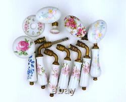 6 et 7mm, Lot anciennes Poignées et boutons de porte en porcelaine, déco florale