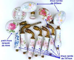 6 et 7mm, Lot anciennes Poignées et boutons de porte en porcelaine, déco florale