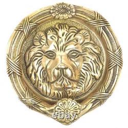 Ancien Fait à la Main Laiton Lion Tête Avec Fleur Couronne Porte Heurtoir Cloche