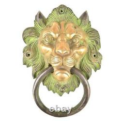 Ancien Fait à la Main Royal Laiton Lion Visage Porte Heurtoir Avec Patine Cloche