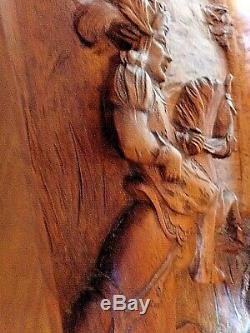 Ancien panneau de porte de meuble en bois sculpté-chasse au cerf -carved wood-