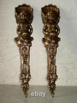 Paire ancienne chuts, éléments en bronze, Cupido Ange 31.5 cm L