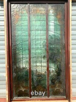 Panneau en verre peint façon vitrail Décor de paysage XX siècle