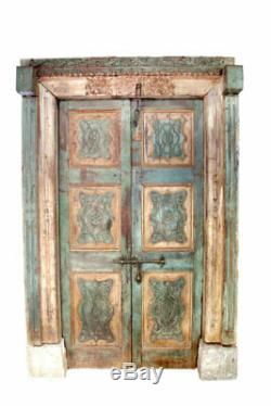 Porte Indienne Jaune Verte Sculptee Patine d'Origine Vieux Teck 121x15x205cm