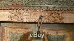 Porte Indienne Jaune Verte Sculptee Patine d'Origine Vieux Teck 121x15x205cm