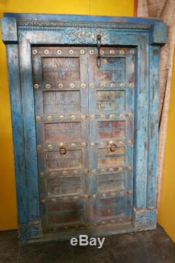 Porte Indienne Krishna Bleue Sculptee Patine d'Origine Vieux Teck 145x15x215cm
