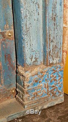 Porte Indienne Krishna Bleue Sculptee Patine d'Origine Vieux Teck 145x15x215cm