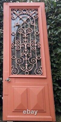 Porte d'entrée 264x99cm noyer chêne grille fer forgé panneau vitré ouvrant