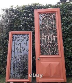 Porte d'entrée 264x99cm noyer chêne grille fer forgé panneau vitré ouvrant