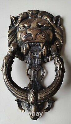 Rare! Ancien Heurtoir de porte Antique en bronze à patine dorée Tête lion/bélier
