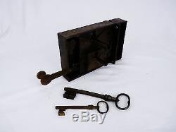 Très ancienne serrure de porte à double fermeture, deux clés, en état de marche