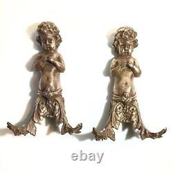 XIXe 2 IMPORTANTES ENCOIGNURES EN BRONZE D' AMEUBLEMENT CHÉRUBIN PUTTI MEUBLE